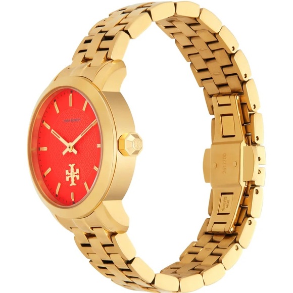 Tory Burch Gold-Tone Bracelet Watch with Red Dial